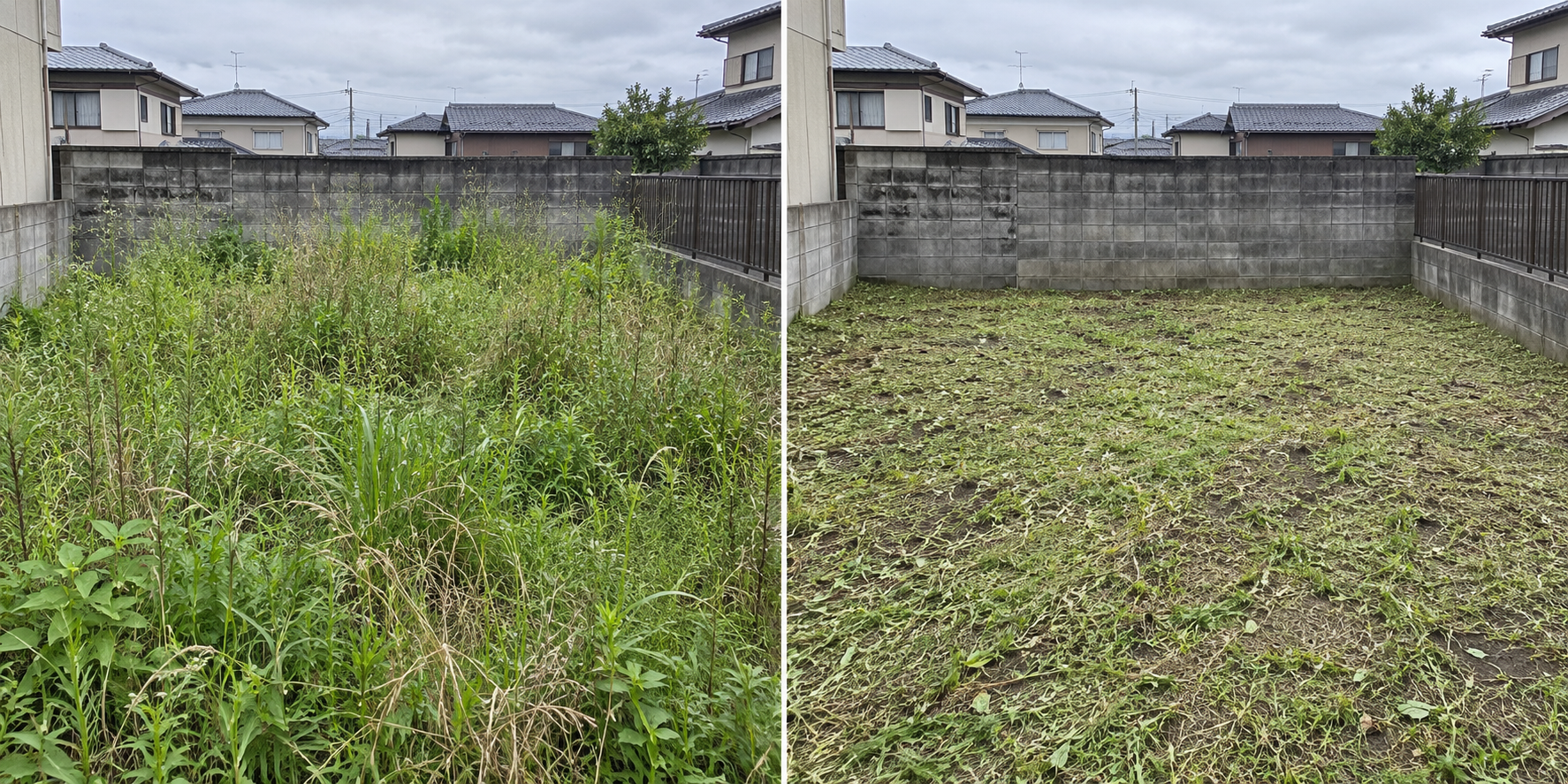 草刈り前と草刈り・集草後を比較した仕上がりイメージ